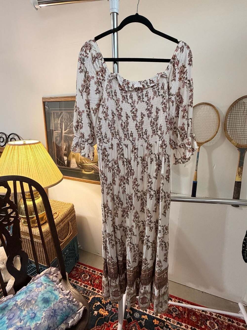 Boho Floral Smocked Midi Dress Fall Brown Chic Cottagecore Puff Sleeve Size M